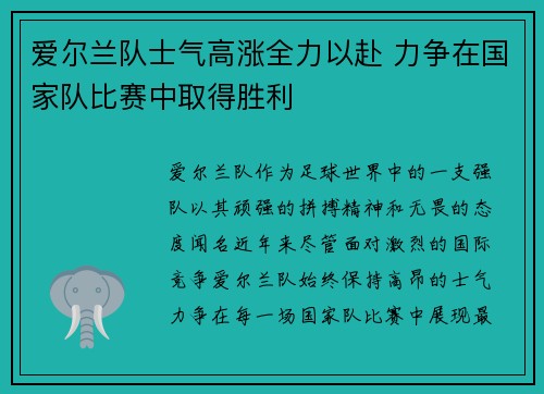 爱尔兰队士气高涨全力以赴 力争在国家队比赛中取得胜利