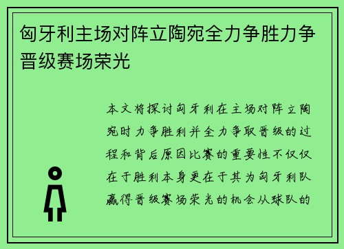 匈牙利主场对阵立陶宛全力争胜力争晋级赛场荣光